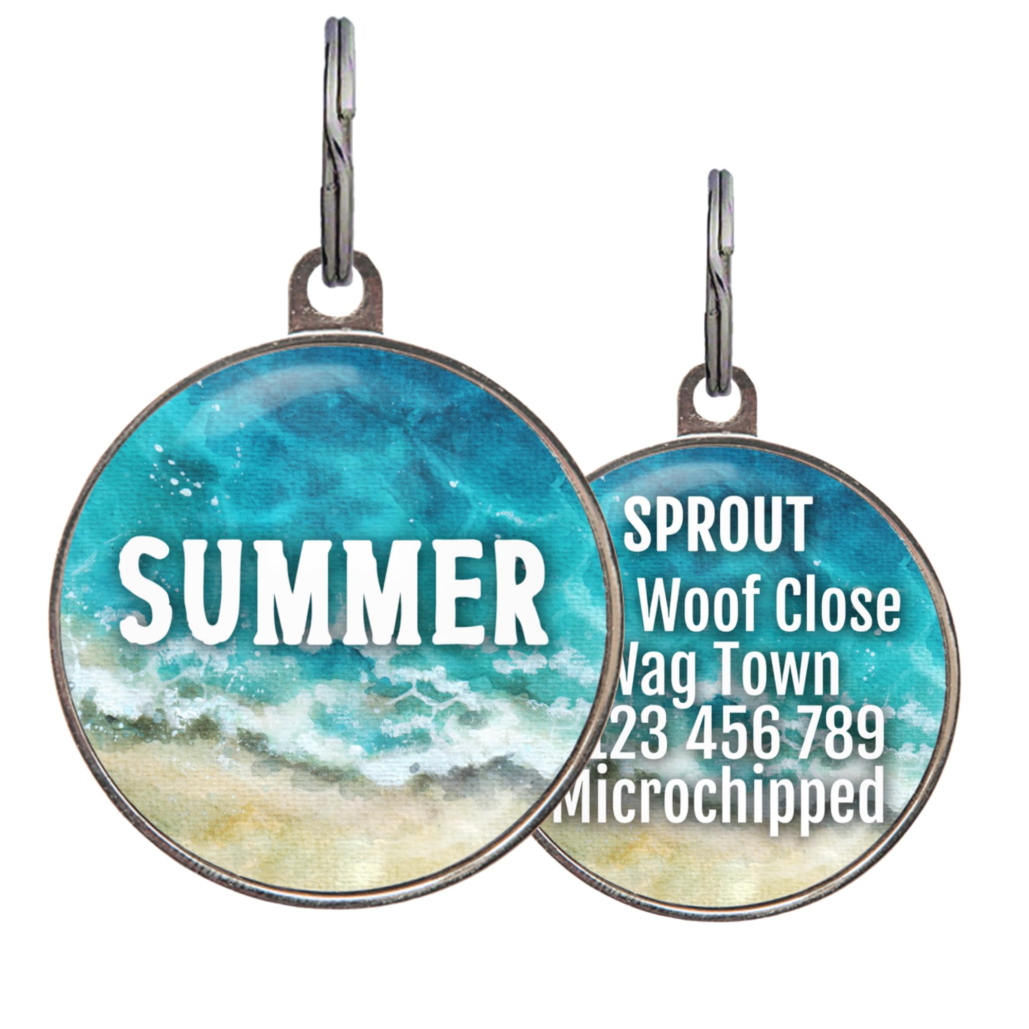 Beach Dog Tag – Add Name to Front & Info to Back – Summer Ocean Pet ID Tag – Coastal Watercolour Dog Tag – Cute Holiday Design for Dogs or Cats – 2 Sizes – Waterproof Metal – Lightweight & Durable