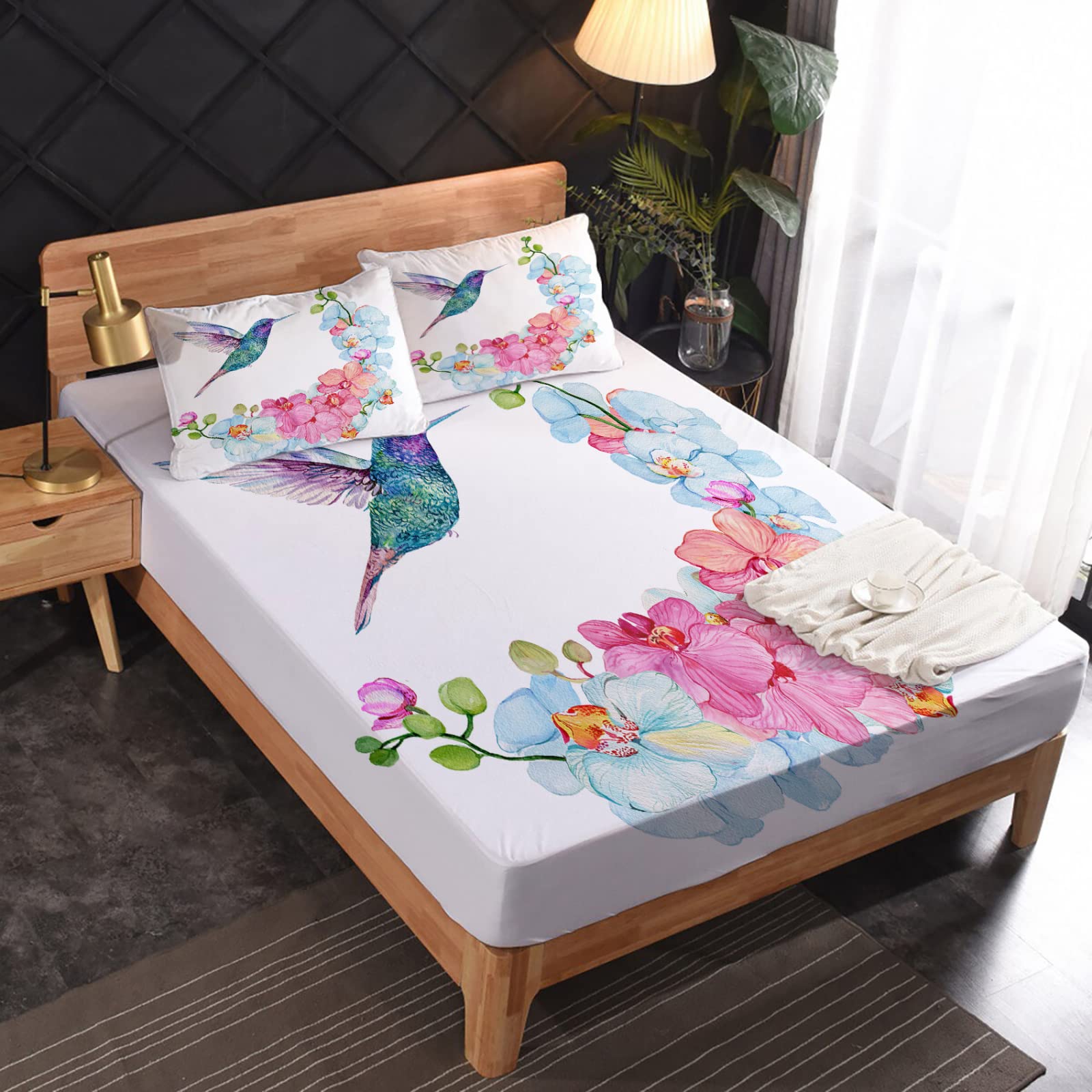 NOGAWA Vogel Spannbettlaken 160x200cm, Spannbetttuch Blume Muster, Weiche Mikrofaser Boxspringbett Bettlaken geeignet für Matratzen von 30 cm Mit 2 Kopfkissenbezug 80x80 cm