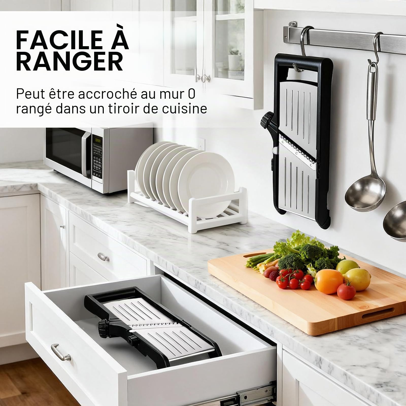 Masthome Mandoline Cuisine Professionnelle Inox, 10 modes de coupe | 10 en1 (tranches 3/6/9mm, julienne 4.5/9mm), 2 lames pivotantes, gants anti-coupure, protège-main et brosse.