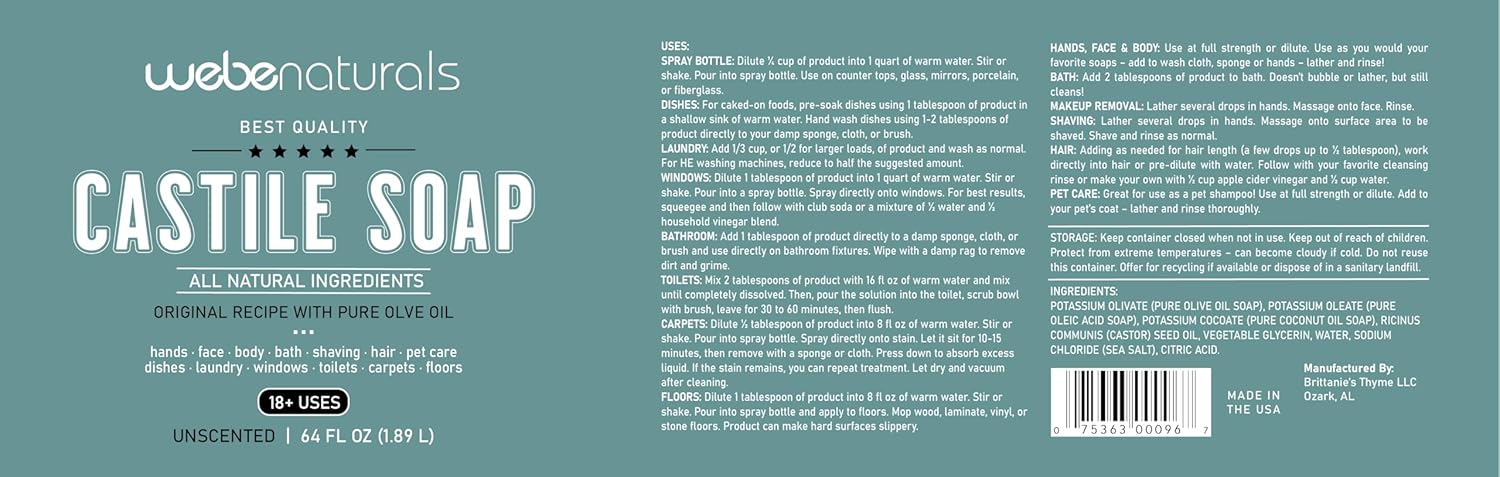 WEBE Pure Unscented Castile Liquid Soap Refill, 64 Ounce | Vegan & Gluten Free Non-GMO, For Face, Body Wash, Dishes, Pets & Laundry - Image 2