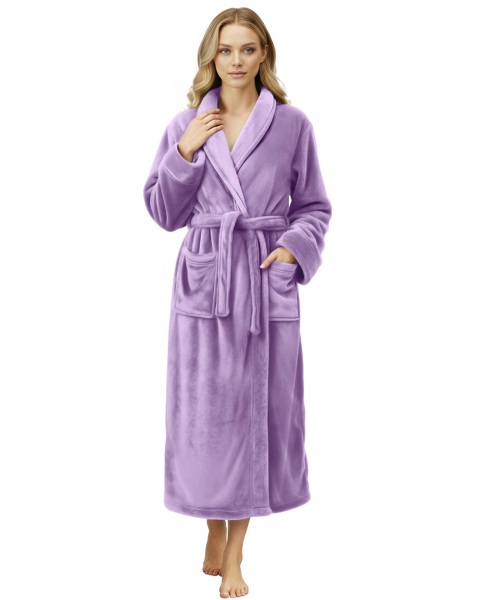 NY Threads Premium Womens Robe, Plush Fleece Long Bath Robe for Women, Fluffy Soft Women's Bathrobe, Medium, Lavender