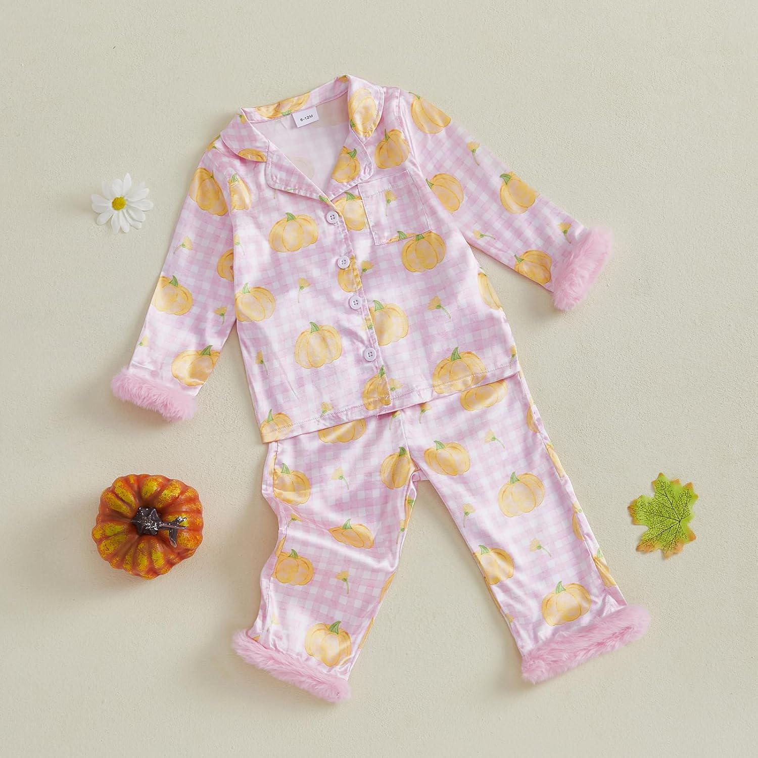 Toddler Baby Girl Halloween Pajamas Feather Satin Silk Button Down Pumpkin Pjs Outfit Nightgown Jammies Lounge Set - Image 9