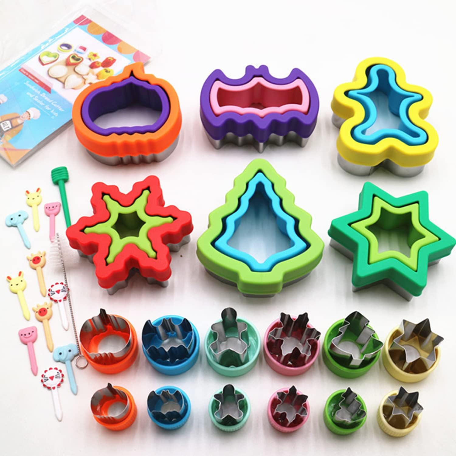 AUTOYSUR 30 Pcs Halloween Christmas Cookie Bread Fruit Stamp Cutter Set, Stainless Steel Cutters Molds for Making Pumpkin Bat Star Tree ect, Holiday DIY Stainless Steel Biscuit Molds
