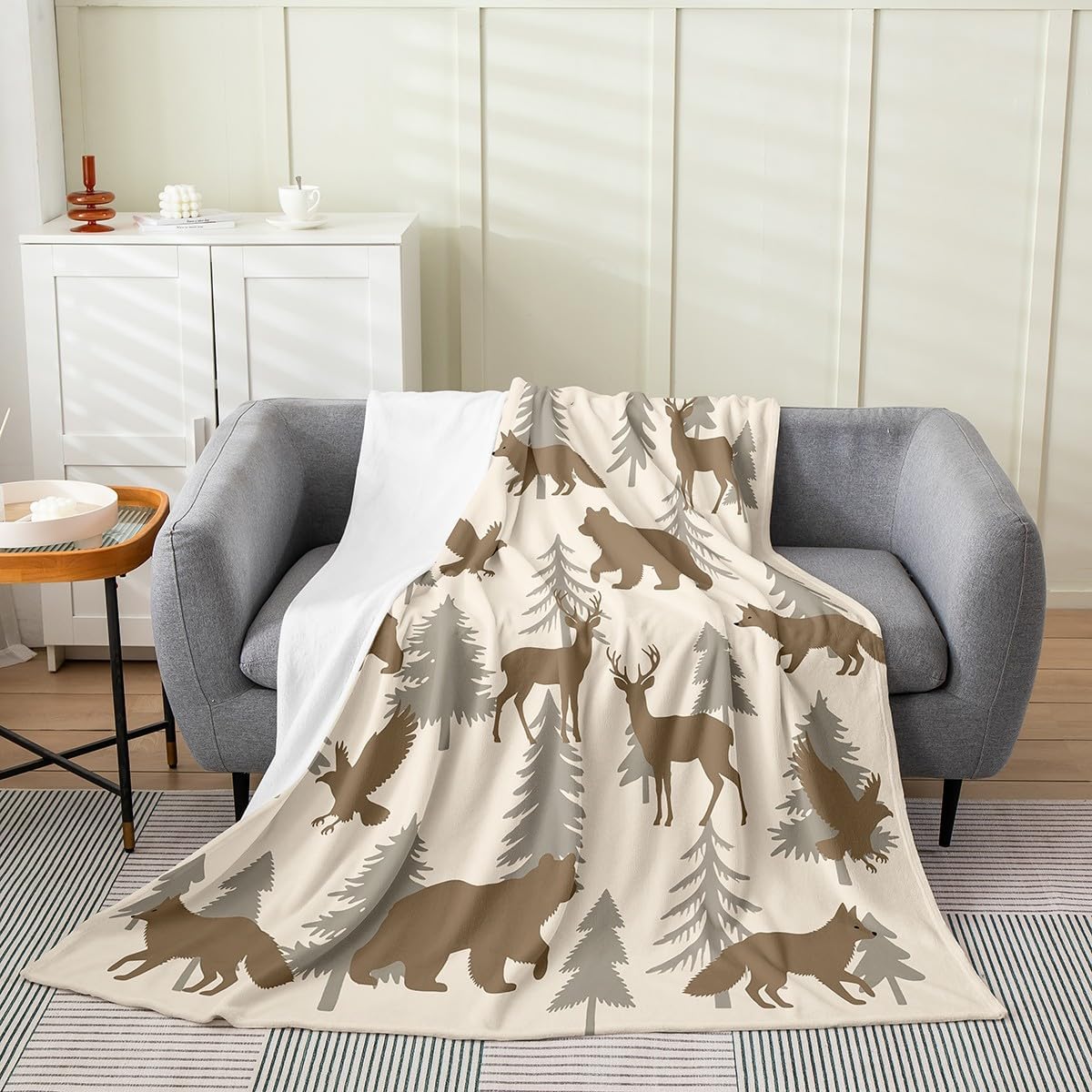 Bear Deer Flannel Fleece Blanket Baby 30"x40" Kids Woodland Animal Plush Throw Blanket for Boys Girls Teens Wolf Eagle,All Season for Bed Sofa Couch Breathable Tree Wild Animals