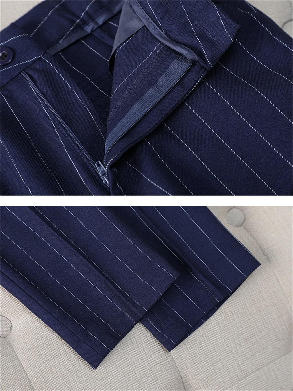 Set di pantaloni formali da donna da ufficio, a righe blu, abbigliamento da lavoro da 2 pezzi, giacca e pantaloni