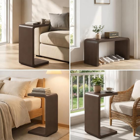 CHSSIH C Shaped End Table for Couch - Wood Sofa Side Table, Dark Walnut