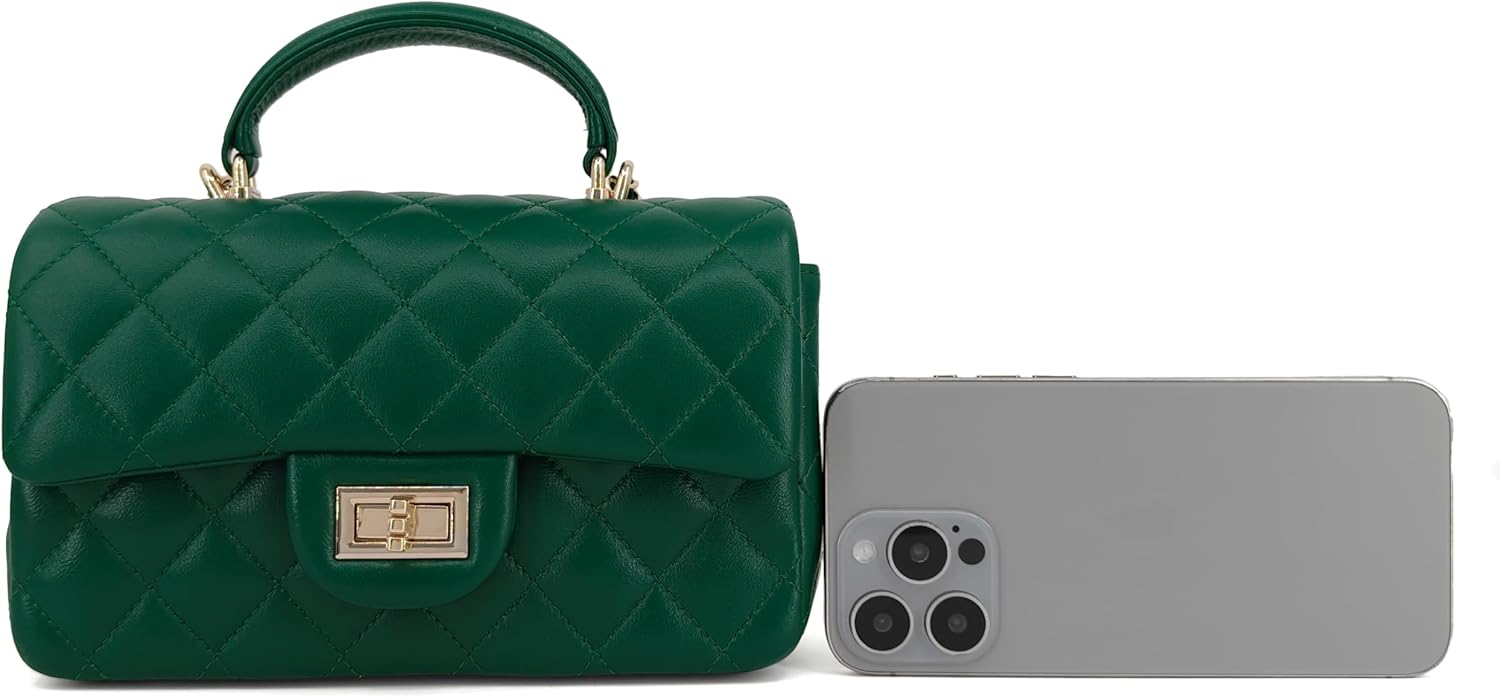 Small Quilted Crossbody Bag for Women, Genuine Leather Mini Shoulder Flap Purse with Gold Chain Strap & Top Handle - Image 7