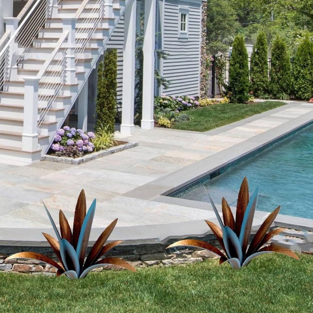 HpLive Sculpture décorative de jardin d'agave en métal pour pelouse et terrasse, résistante aux intempéries (bleu)