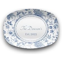 Blue Toile Personalized Family Name Oval Serving Platter, Dishwasher Safe Shatter-Resistant Melamine