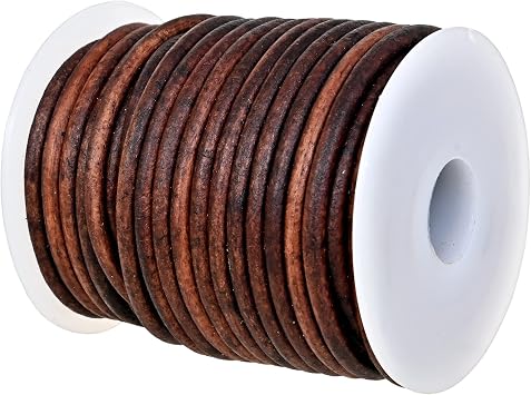 GENIQUE Real/Genuine Round Leather Cord for Jewelry Making, Leather String Cord for Crafting, Necklace, Bracelets, Braiding, Wraps 3mm, Antique Brown Distressed