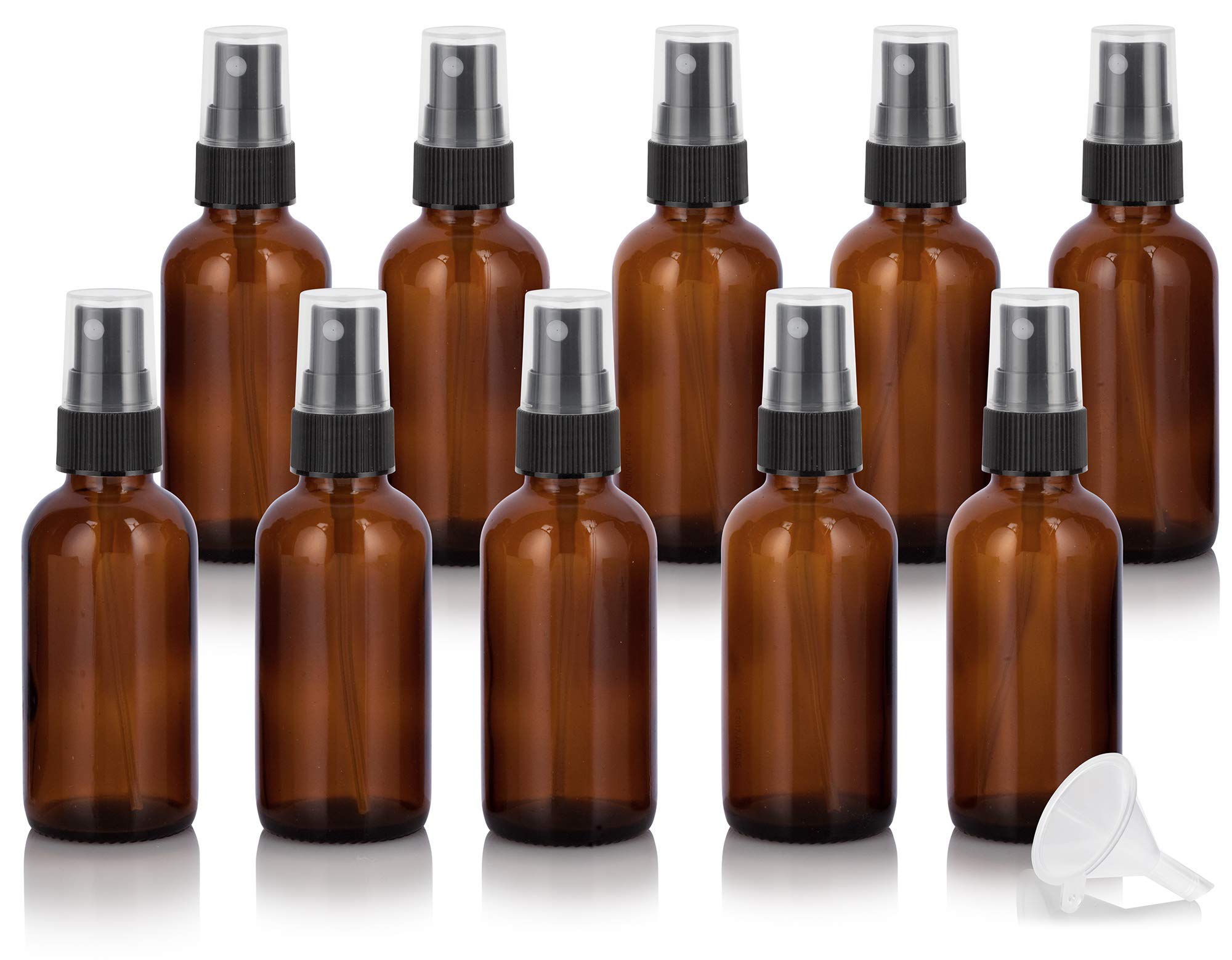JUVITUS 2 oz Amber Glass Boston Round Bottlev with Black Fine Mist Spray (10 pack) + Funnel