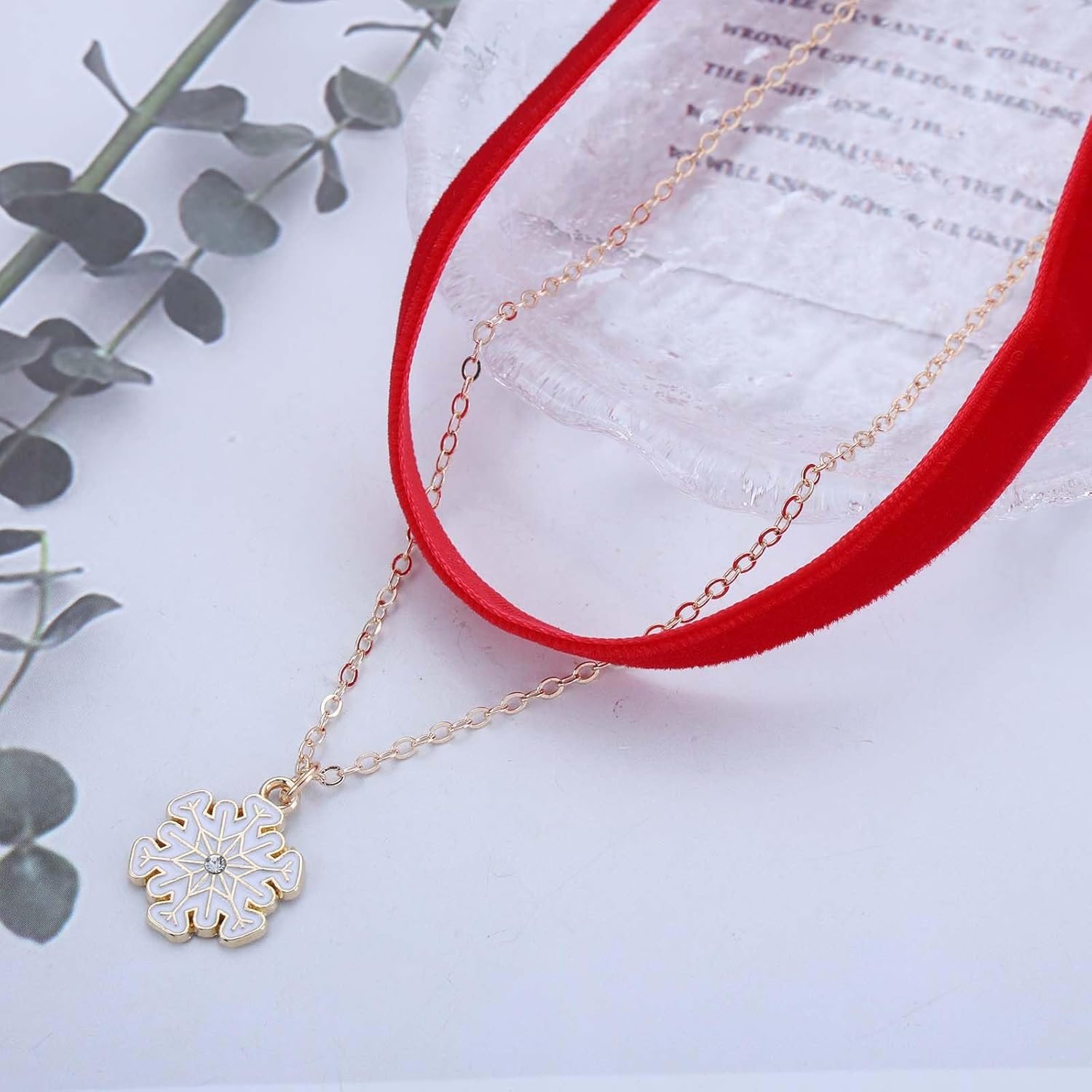 Vintage Layered Snowflake Necklace Red Velvet Choker Necklace Cz Snow Flower Necklace Snowflake Velvet Necklace Short Suede Collar Necklace Jewelry for Women - Image 6