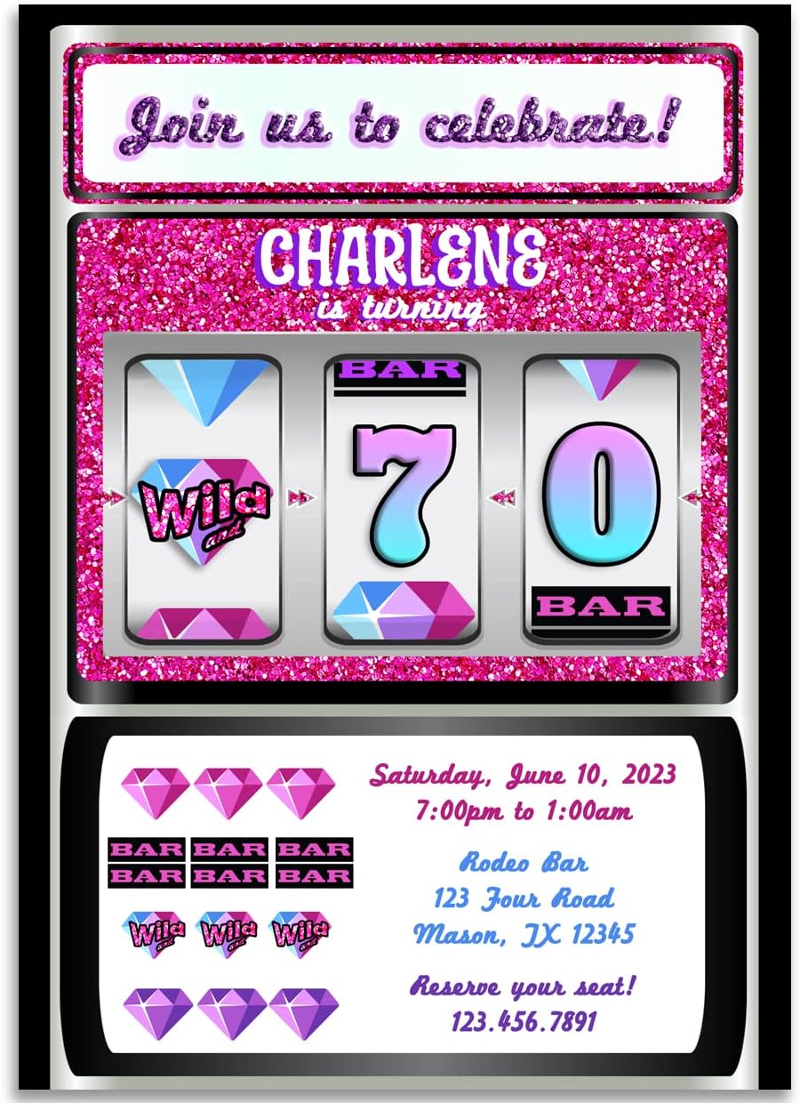 Pink Slot Machine Birthday Invitations Gambling Purple Glitter Casino Invites Woman Any Age 50 60 70 80 90, Personalized with Envelopes