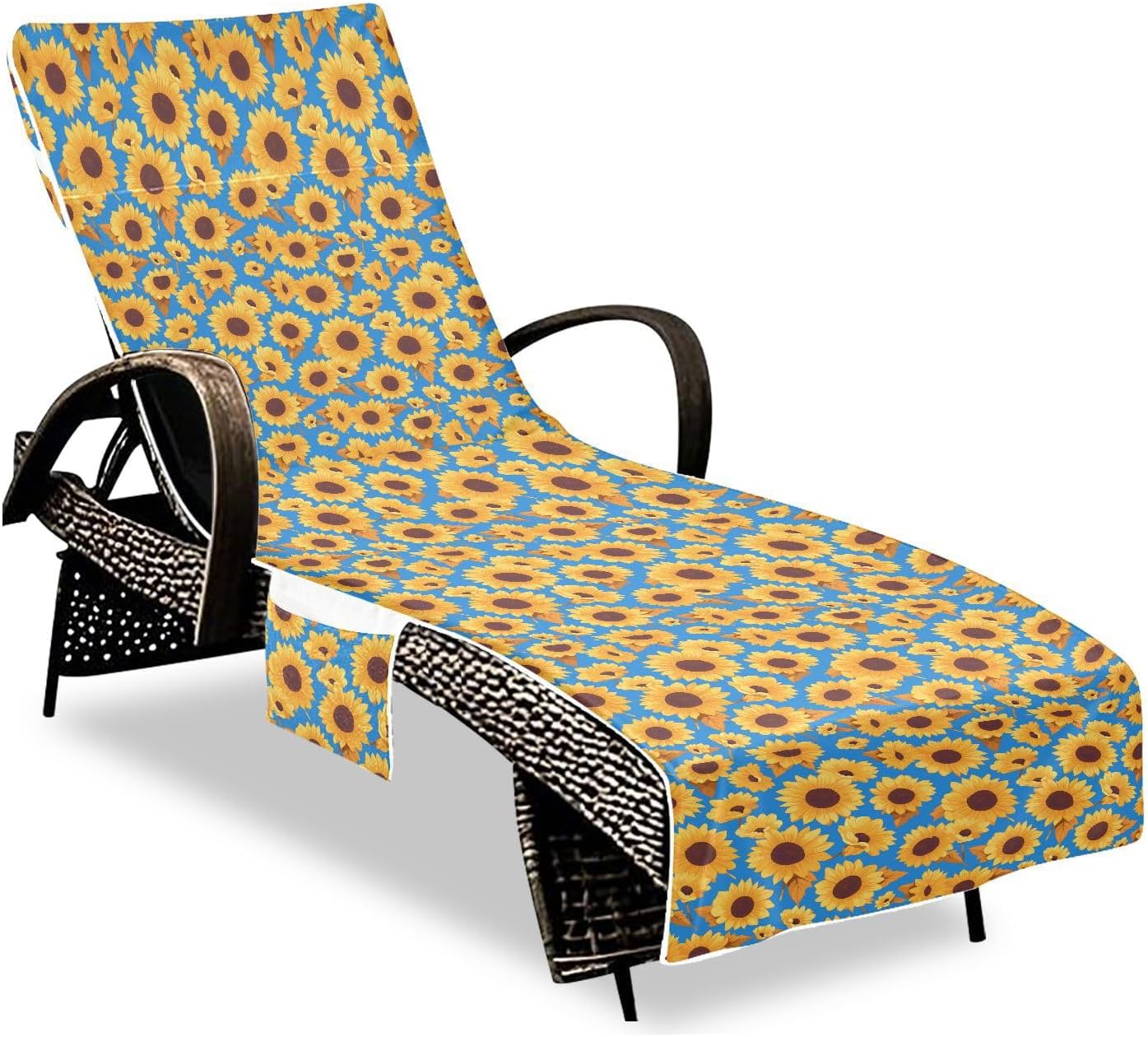 Brown Sunflower Blue Decorative Patio Lounge Chair Covers Soft Sturdy Outdoor Seating Covers Towels with Pockets for Pool Beach Sunbathing, para muebles de patio 85" X 30"