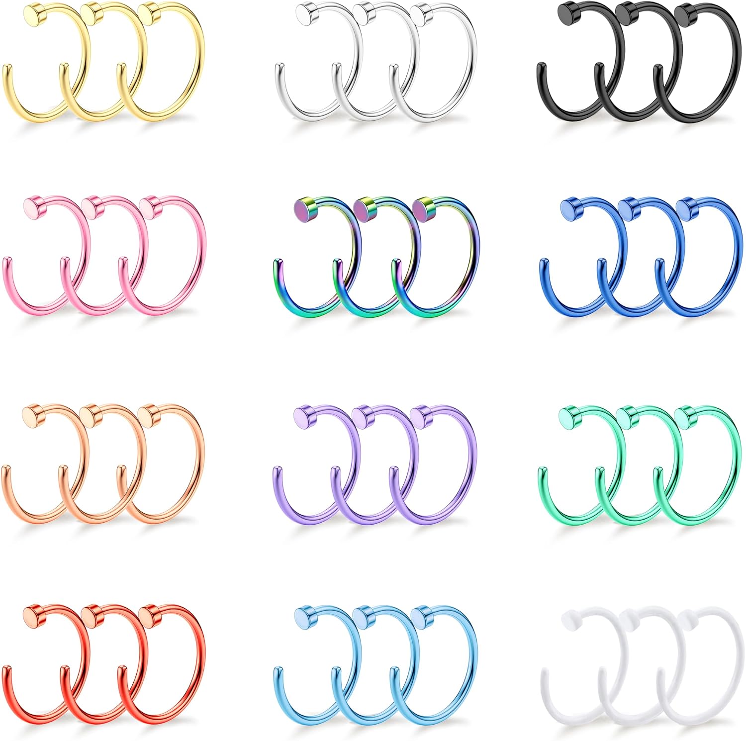 Drperfect 18/20/22G 36PCS 316L Stainless Steel Nose Rings Hoops Nose Piercing Jewelry for Women Men Colored Hoop Nose Ring 6mm 8mm 10mm 12mm