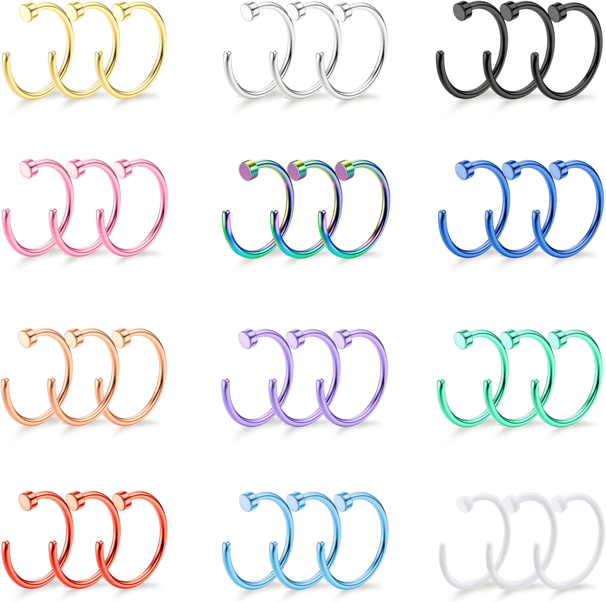 18/20/22G 36PCS 316L Stainless Steel Nose Rings Hoops Nose Piercing Jewelry for Women Men Colored Hoop Nose Ring 6mm 8mm 10mm 12mm