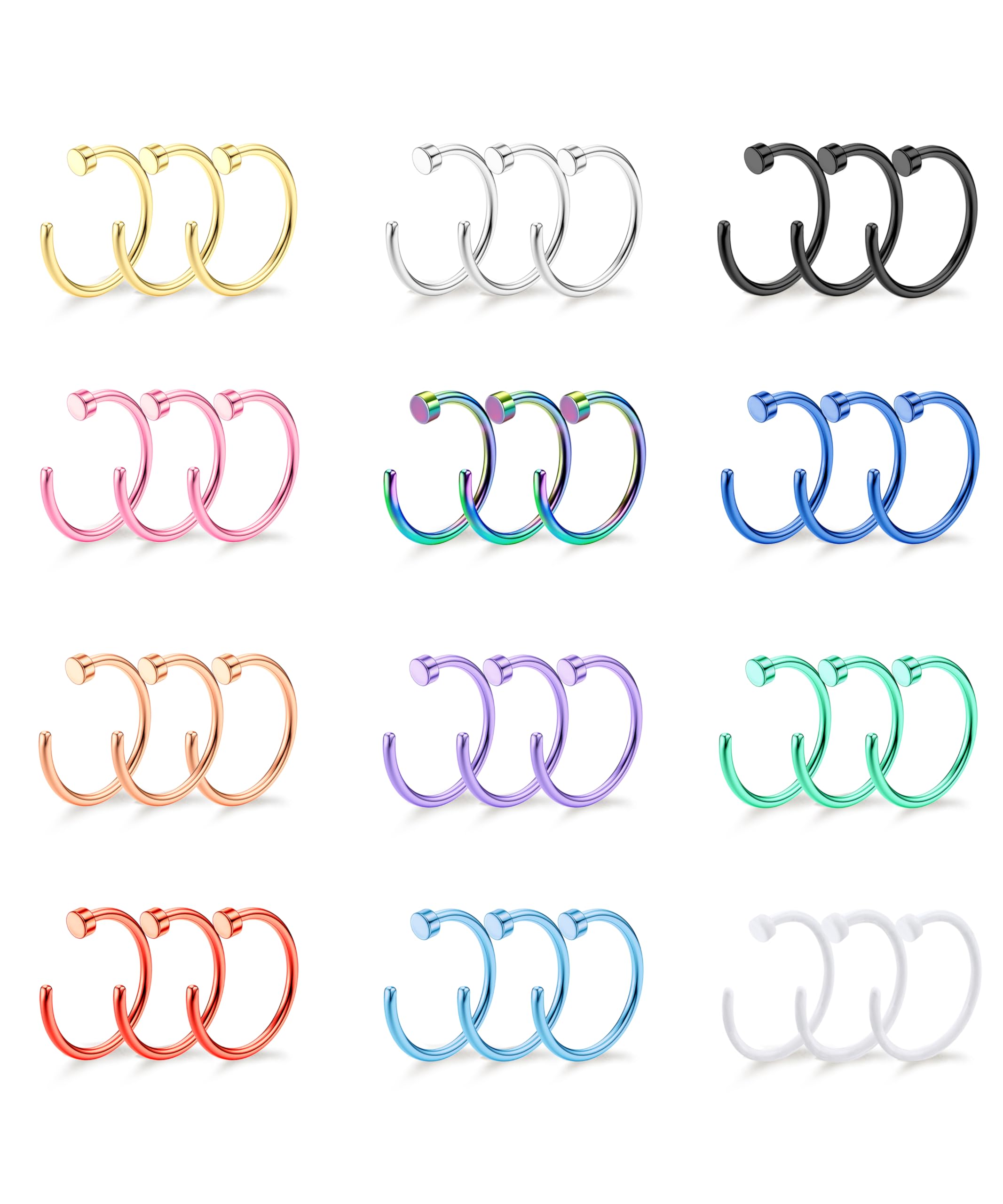 18/20/22G 36PCS 316L Stainless Steel Nose Rings Hoops Nose Piercing Jewelry for Women Men Colored Hoop Nose Ring 6mm 8mm 10mm 12mm
