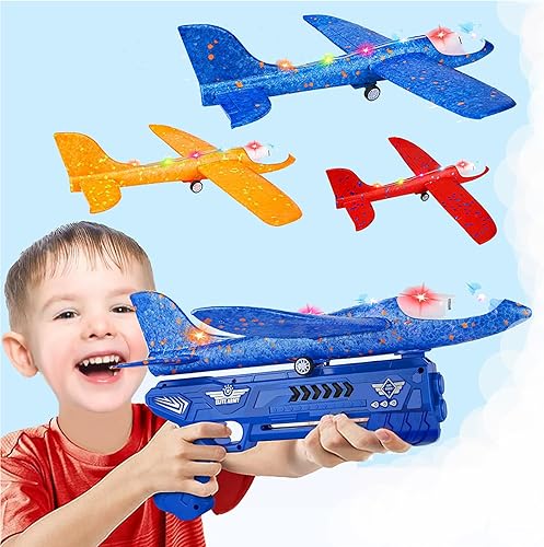 Miniatura 9 de SOOCOOL Paquete de 3 lanzadores de aviones planeadores extra grandes, avión de espuma duradera con LED, 3 formas de jugar, 3 modos de vuelo, avión