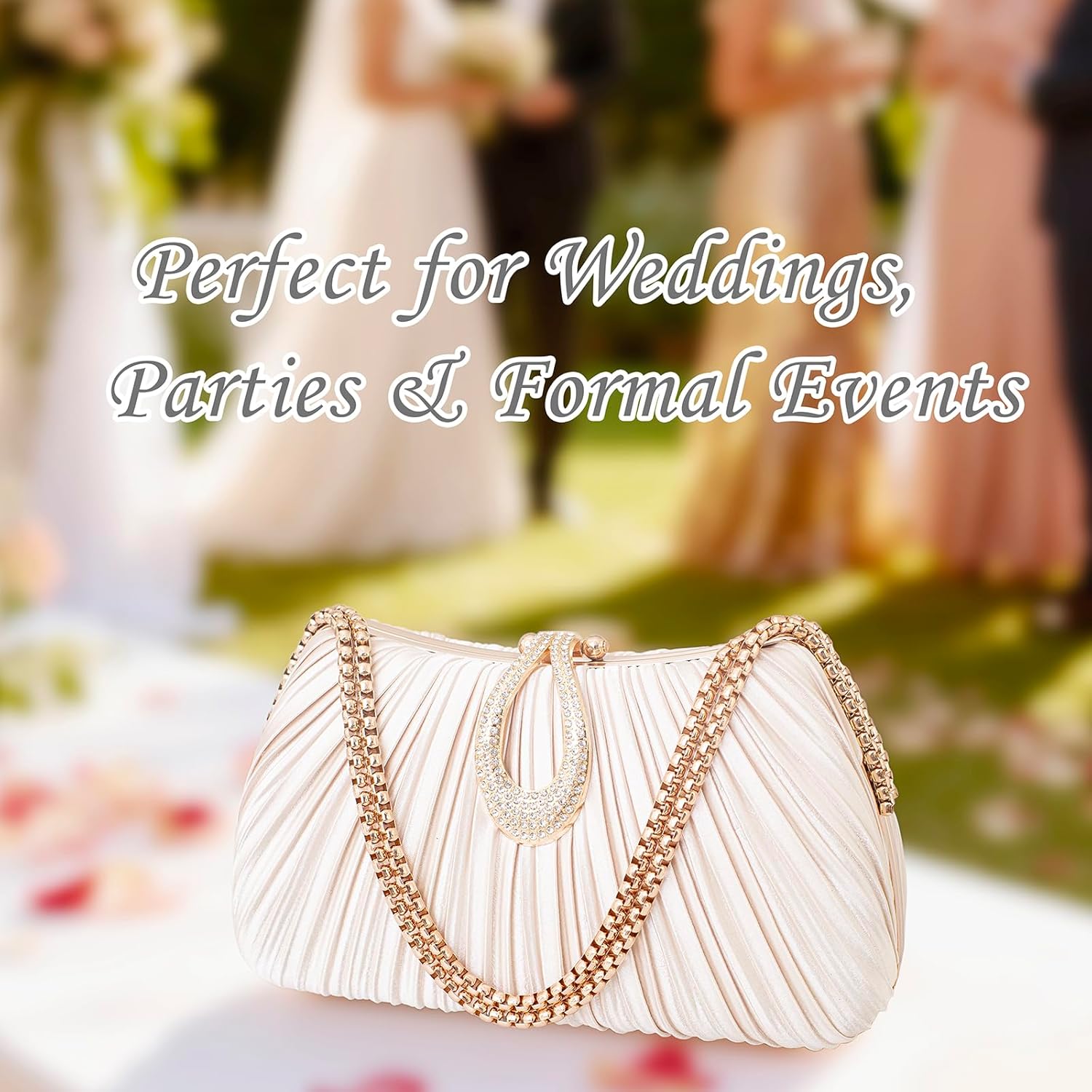 Women's Evening Clutch - Pleated satin formal clutch with metal clasp and chain strap, perfect for wedding parties