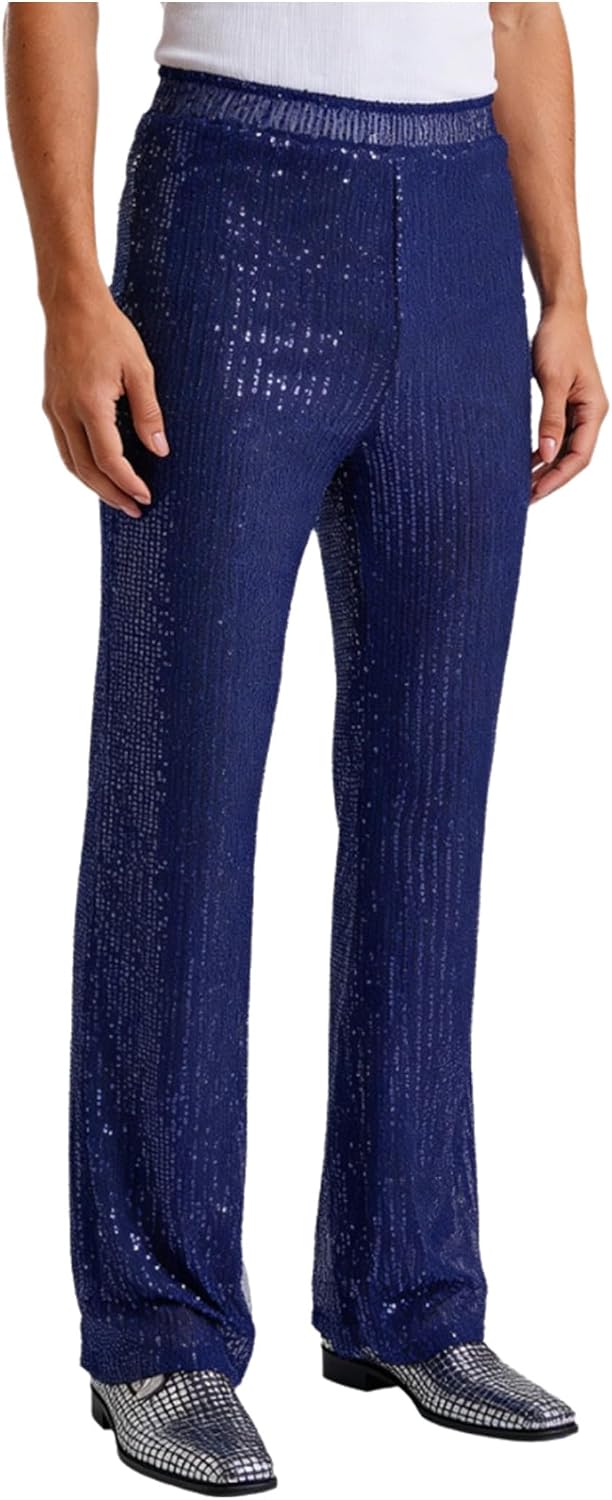 Mens Glitter Sequined Disco Dance Pants Elastic Waistband Straight Leg Trousers Clubwear