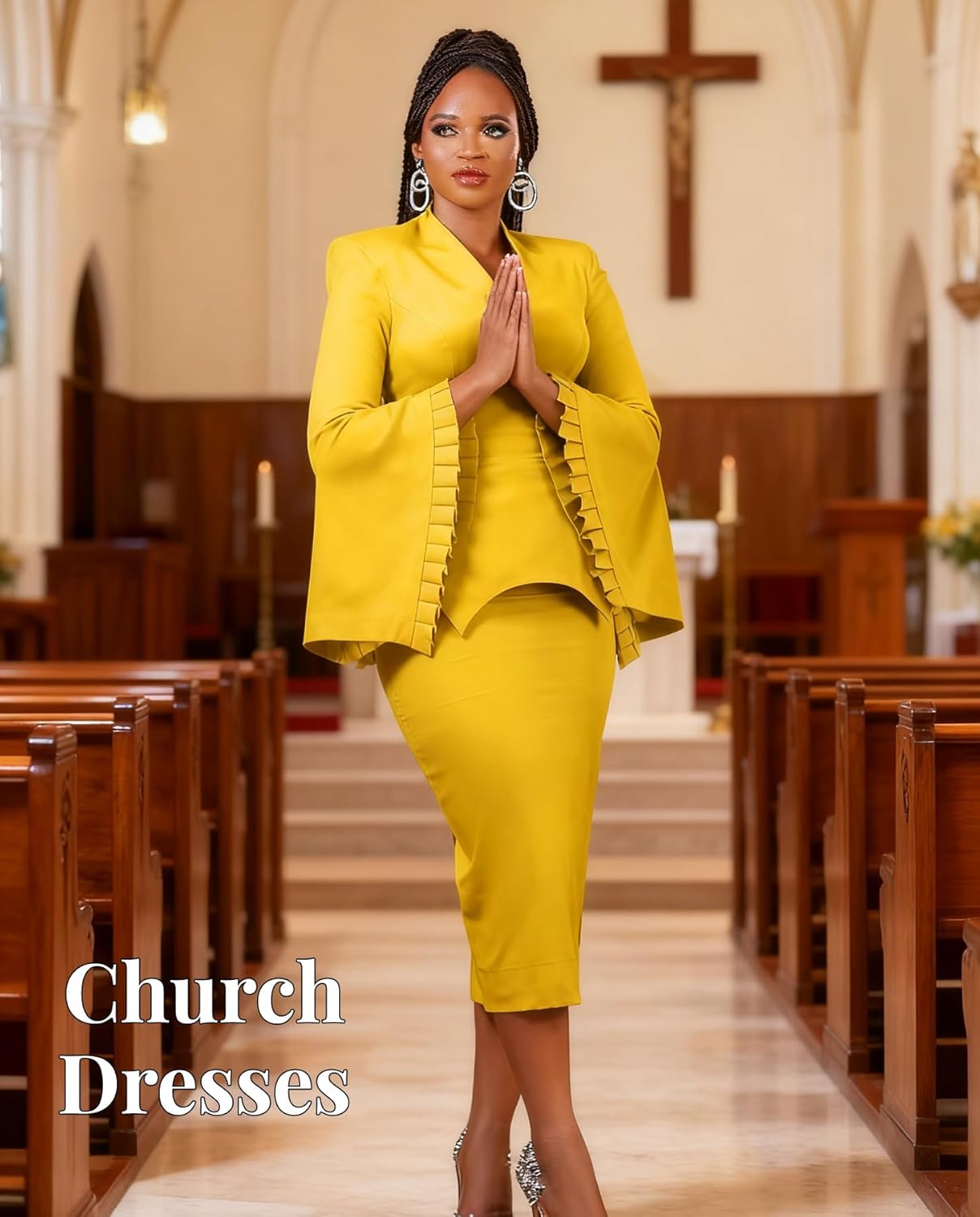 Voghtic Women Peplum Bodycon Pencil Dress Business Office Wear to Work Sheath Dress v Neck Ruffle Sleeve Church Dresses - Image 4