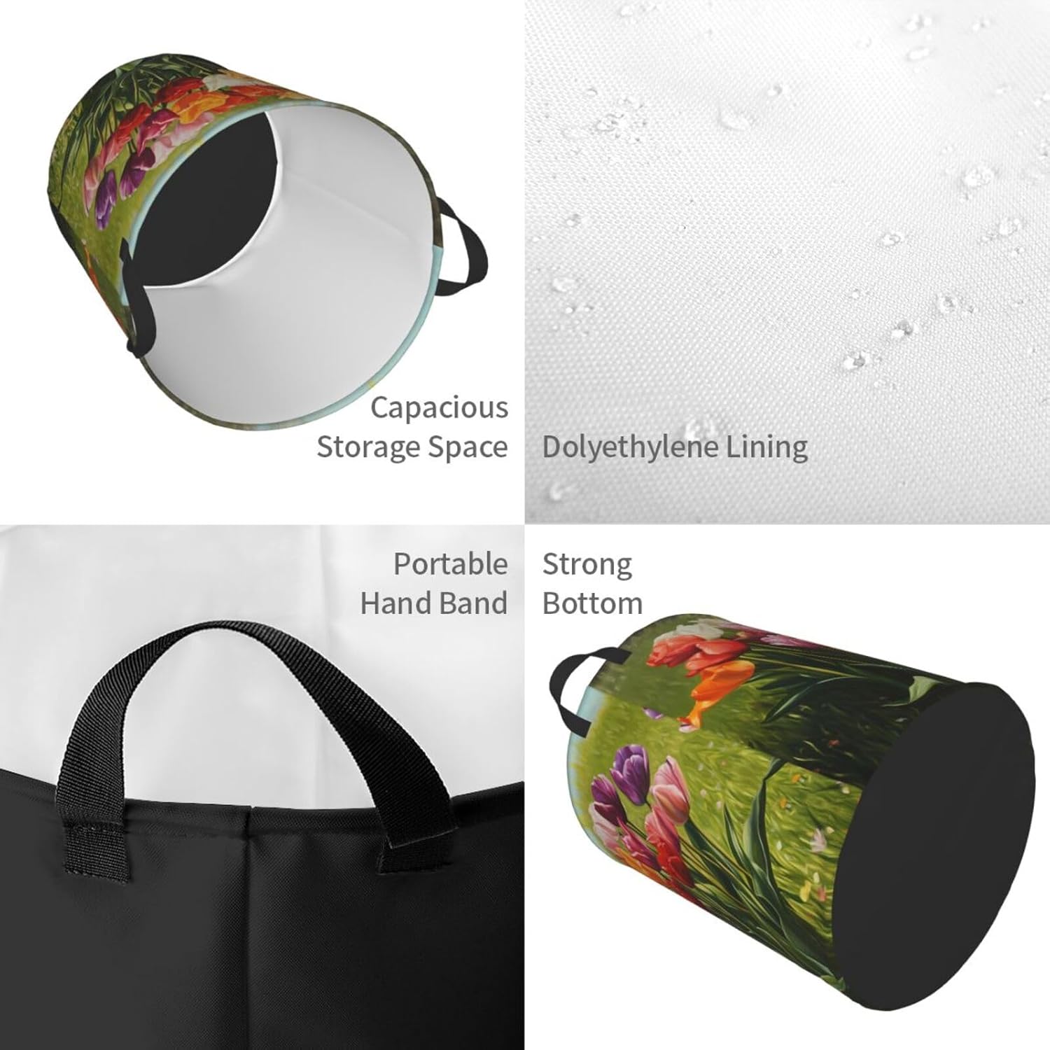 Colorful tulips Round Single-layer Laundry Basket, Portable Storage Laundry Basket, Bedroom Clothes Storage Basket with Handle