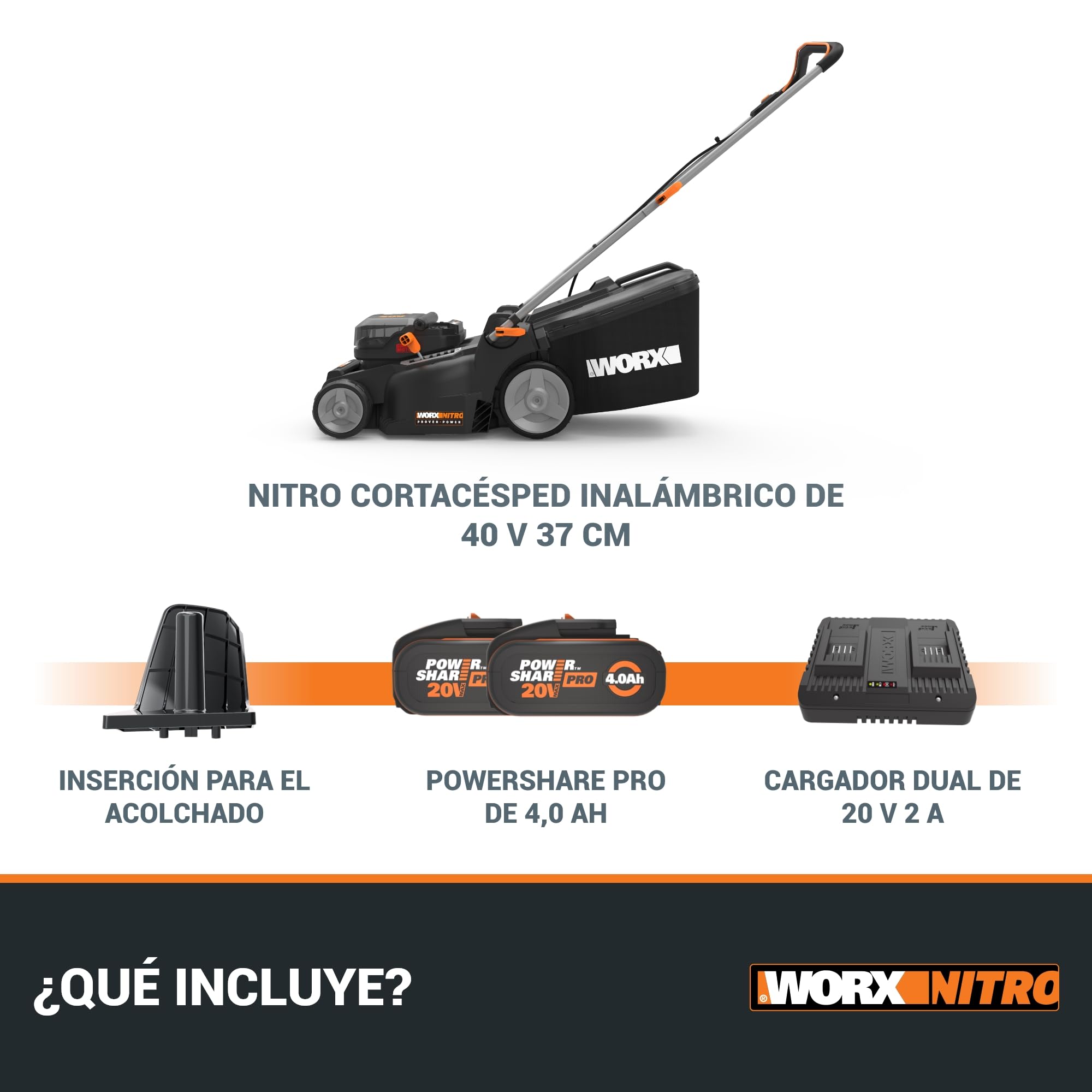Worx WG737E Cortacésped Nitro Brushless 40V 37cm 2 Baterías | Cortacésped inalámbrico 40V Nitro motor brushless, 37cm corte, 6 alturas, saco 40L. Compatible PowerShare WORX.