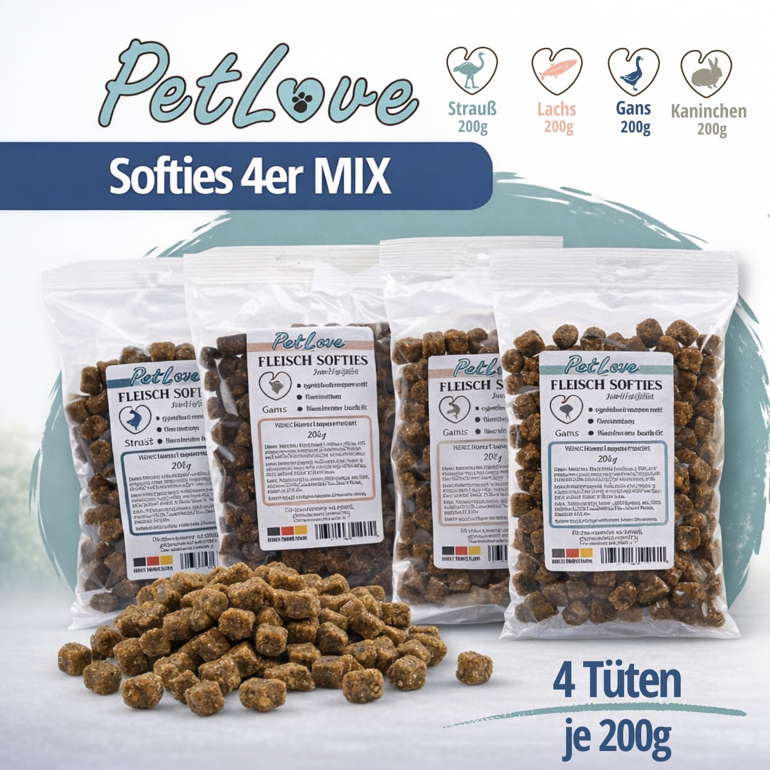 PetLove Softies de Carne para Perros • Premios para Perros sin Cereales • 63% Contenido de Carne • Premios caninos para Entrenamiento • Mix (Ganso, salmón, Conejo, Avestruz) 24x200g