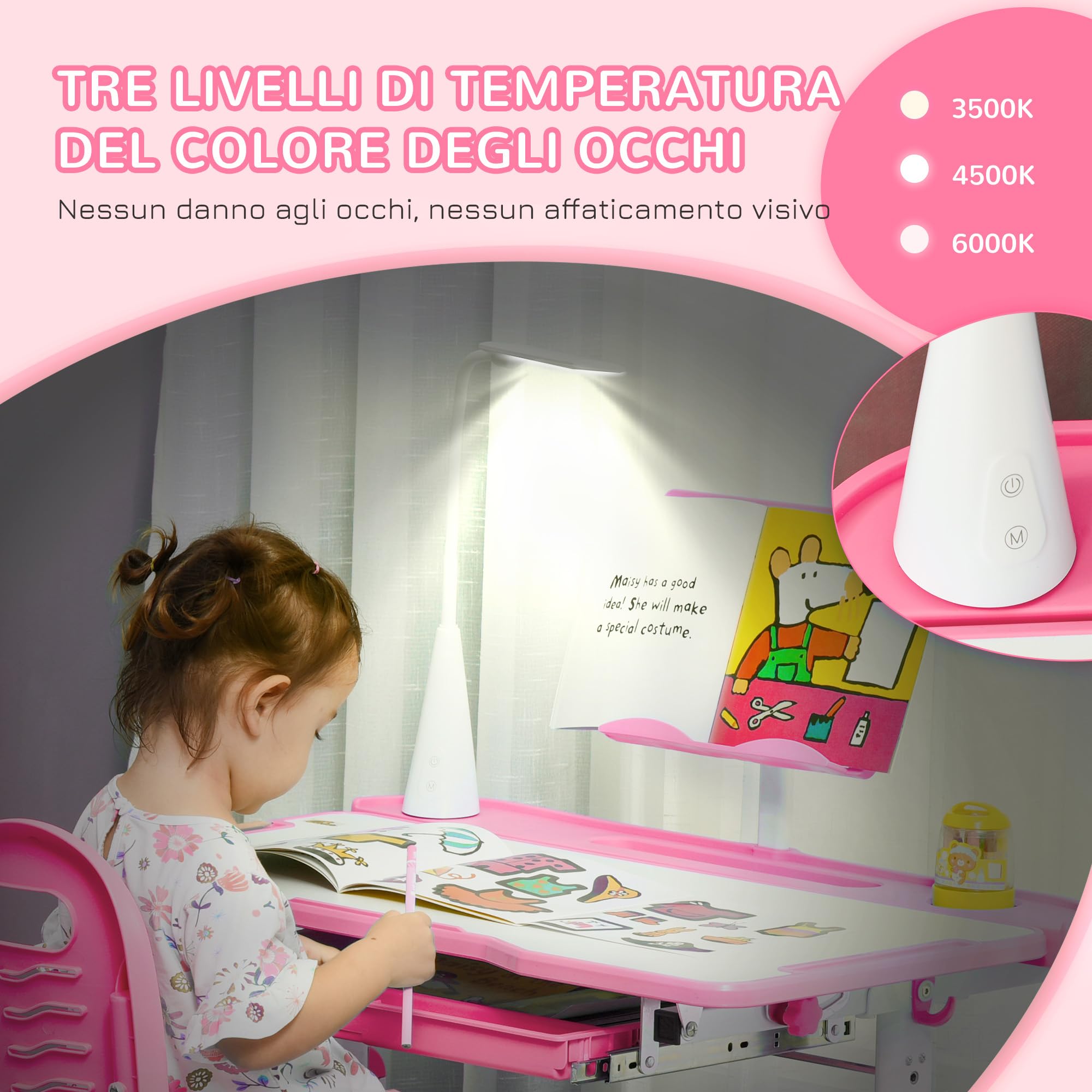 HOMCOM Scrivania per Bambini con Sedia Regolabile in Altezza, Set Banco Scuola con Cassetto, Luce e Piano Inclinabile a 45°, Età 6-12 Anni, Rosa