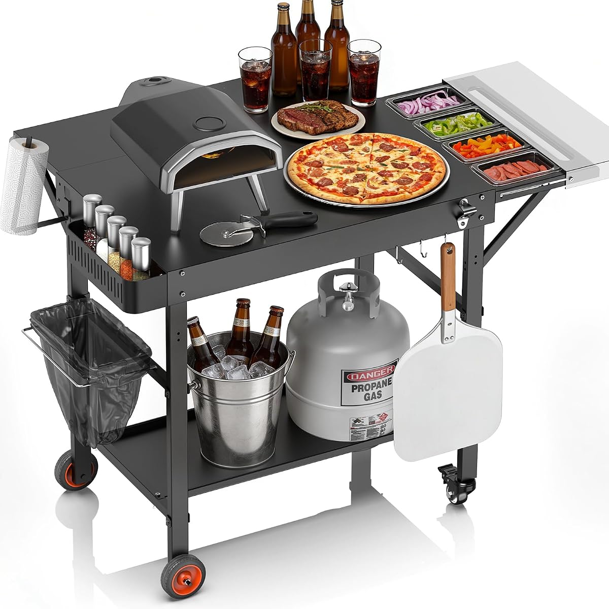 EUTRKei Pizza Oven Table Cart, Outdoor Grill Cart for Ooni Ninja Blackstone | 45"x29" Pizza Oven Stand with Topping Station for Gozney,Solo Stove, Grill Table with Extendable Desk for Tailgating Backyard
