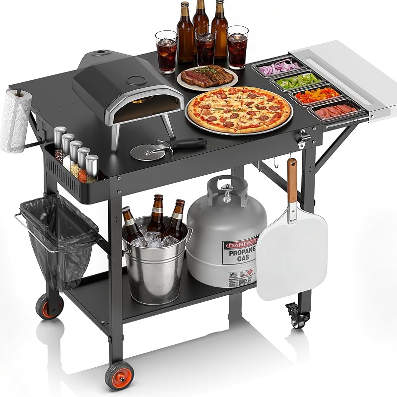 EUTRKei Pizza Oven Table Cart, Outdoor Grill Cart for Ooni Ninja Blackstone | 45"x29" Pizza Oven Stand with Topping Station for Gozney,Solo Stove, Grill Table with Extendable Desk for Tailgating Backyard