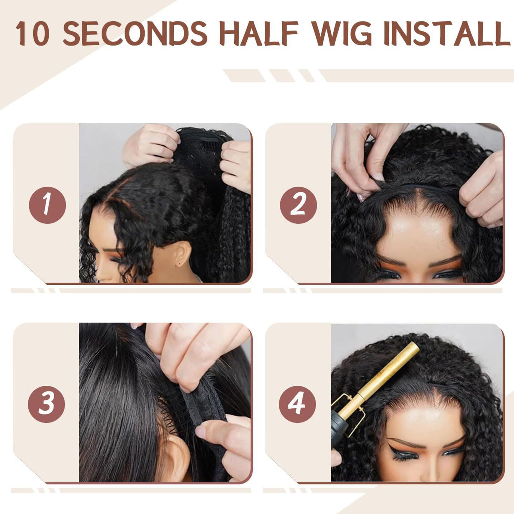 Parrucca Mezza Riccia Birmana 3 in 1 in Capelli Umani per Donne Nere,22inch