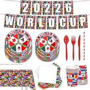 ZIRICHER Soccer Party Supplies Set 194 PCS Serves 24, International Flags Tableware with Plates, Napkins, Cups, Forks, Banner, Tablecloth for Football Viewing, Birthdays, Kids & Adults