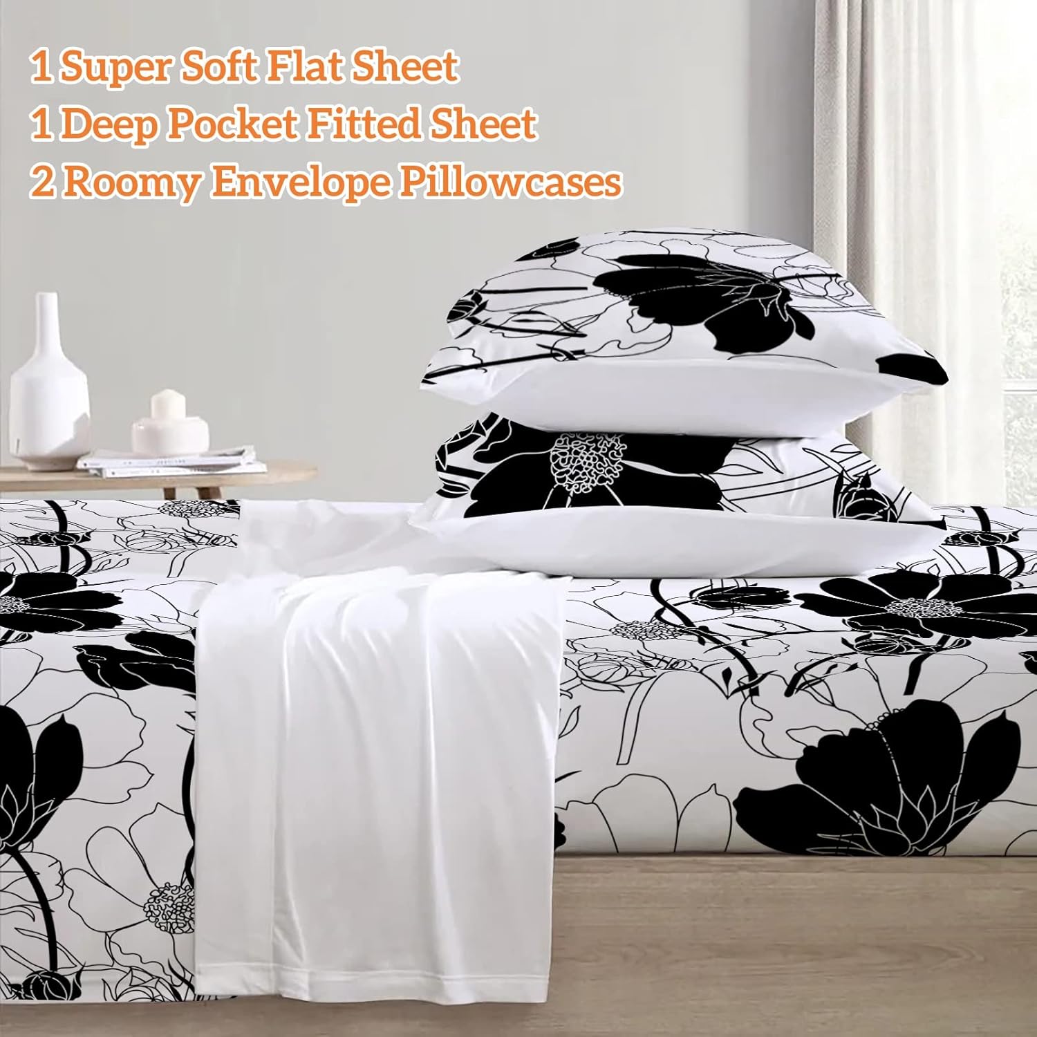 Black and White Floral Sheets Queen Flower Aesthetic Bed Sheets Full Soft Deep Pocket Queen Sheet Set - 1pc Flat Sheet, 1pc Fitted Sheet, 2pc Pillowcases Flowers Ultra Soft