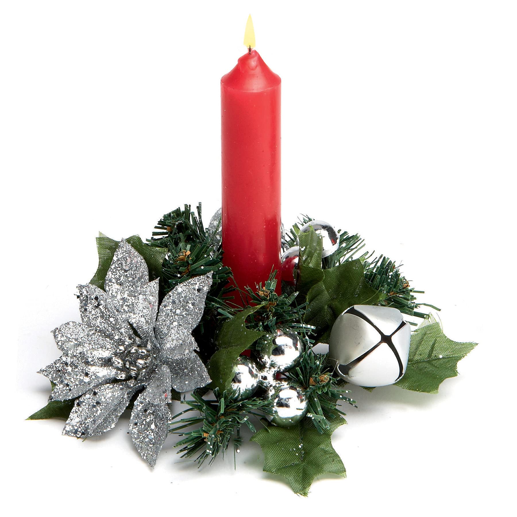 Premier Decorations Christmas Poinsettia 13cm Candle Ring Table Centrepiece - Silver