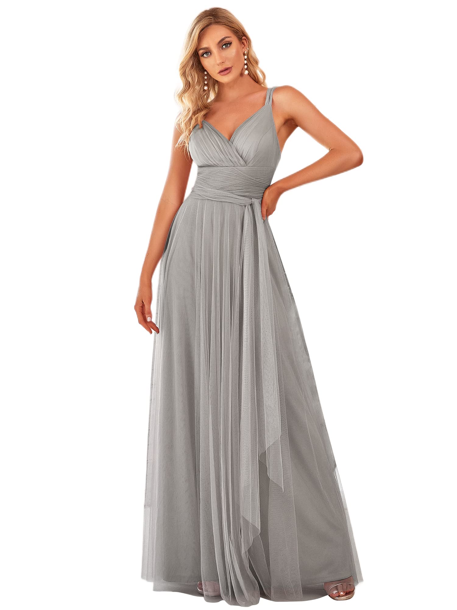 Ever-Pretty Robe de Soirée Longue Femme Col V Plissé Cérémonie Demoiselle d'honneur en Tulle 07303