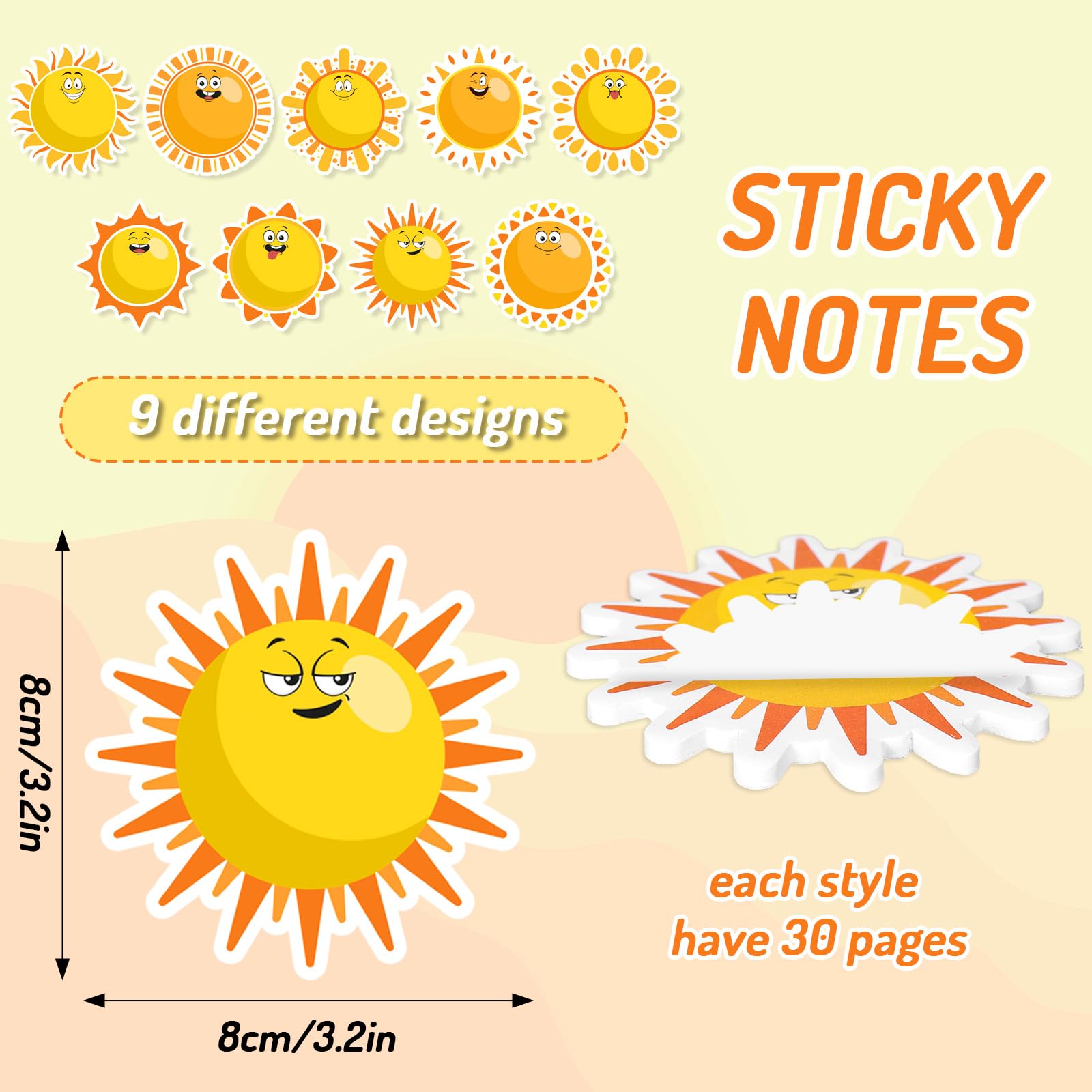 JarThenaAMCS 9 notas adhesivas de sol, bonitos blocs de notas autoadhesivos de sol amarillo, bloc de notas extraíble para estudiantes, profesores, suministros escolares, 9 diseños