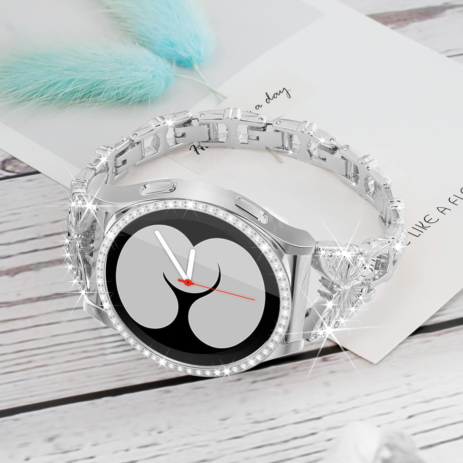 Butterfly Band Compatible with Samsung Galaxy Watch 4&5 Band-40mm with Screen Protector Case, 20mm Quick Release Women Diamond Cute Metal Slim Watch Bands & Bling Protective Cover Case (Silver)