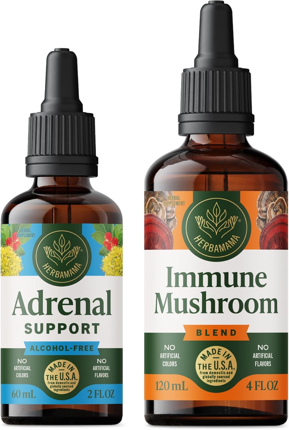HERBAMAMA Adrenal Support and Super Immune Mushrom Blend Kit - Bundle of Liquid Adrenal Support Complex 2 fl oz & Super Immune Mushroom Drops 4 fl oz - Vegan, Non-GMO, Sugar & Alcohol-Free - 2 Pack