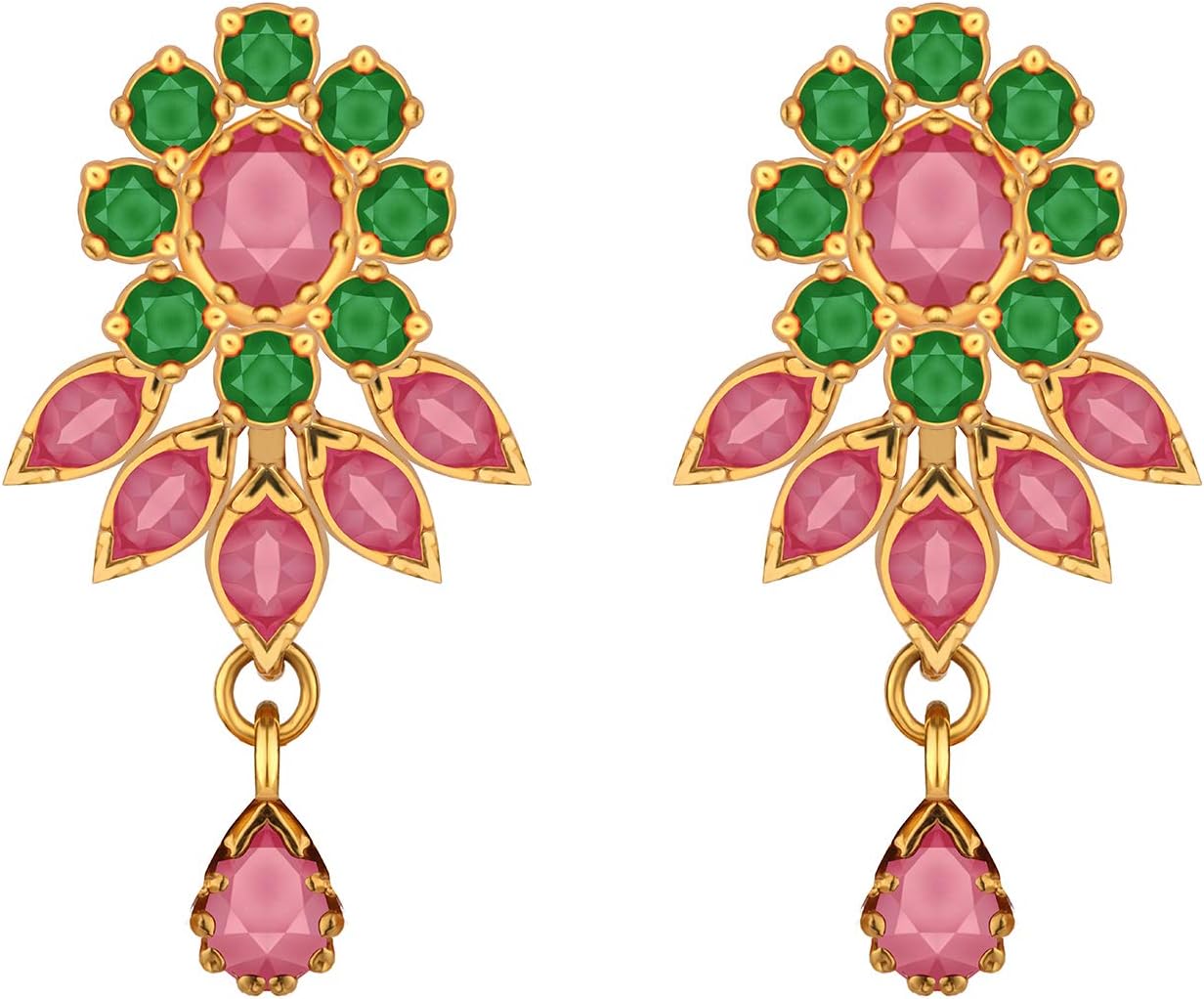 Joyalukkas 22k (916) Yellow Gold, Ruby and Emerald Drop Earrings for Girls
