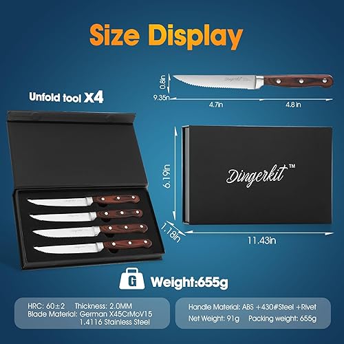 Miniatura 4 de Juego de 4 cuchillos para carne de acero inoxidable alemán afilados con mango de madera de Pakka para Navidad, parejas, boda, compromiso,