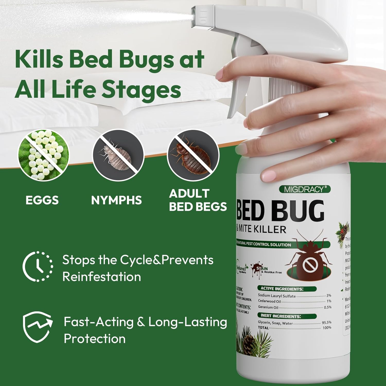 Natural Bed Bug Spray, Non-Toxic 16oz Sprayer, Plant-Based Bedbug & Dust Mite Repellent, Safe for Family & Pets, Fast-Acting Treatment Kills Bed Bugs, Mites