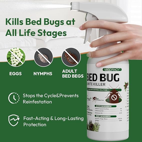 Natural Bed Bug Spray 16oz, Plant-Based Bedbug & Dust Mite Repellent, Safe for Family & Pets, Fast-Acting Treatment Kills Bed Bugs, Mites & Eggs