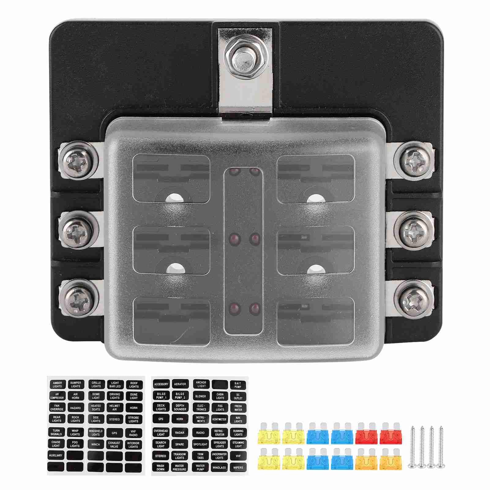 Sicherungshalter, 6-Wege-PBT-Box mit LED-Anzeige für Auto, Marine, Boot, Yacht, Hochwertig, Langlebig, Isoliert, Schwarz
