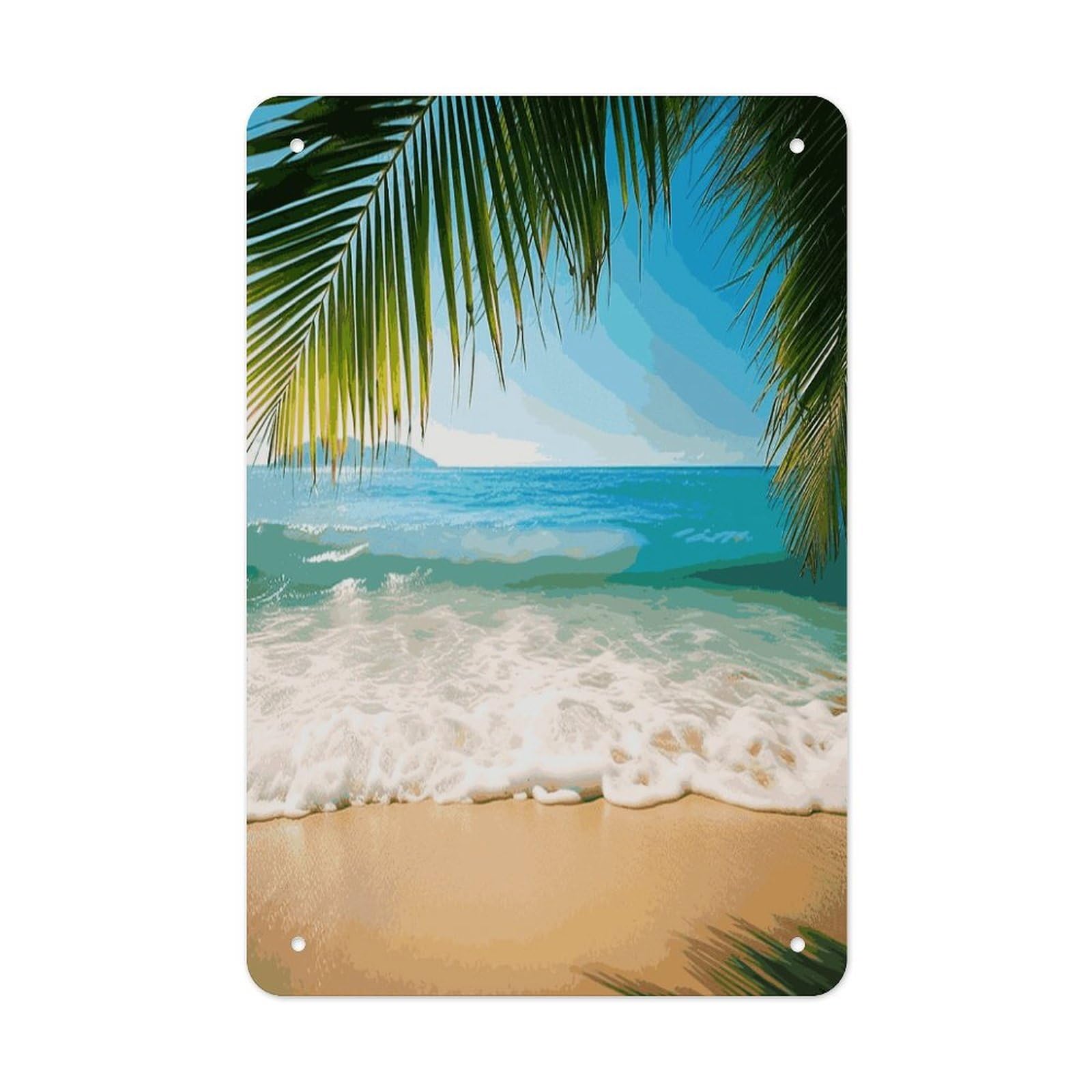 LDGSUPH Ocean Sea Beach Palm Leaves Wall Art Prints Folded Edge Iron Sheet Painting with Holes for Wall Prints Decorative Picture Metal Signboard Decor Painting for Outdoor Indoor Wall Decor