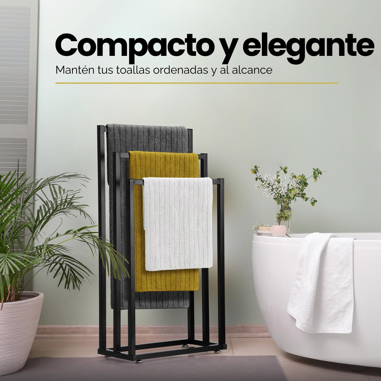 Toallero de Pie Negro – Soporte de Toallas Moderno para Baño – Estructura Estable sin Taladro