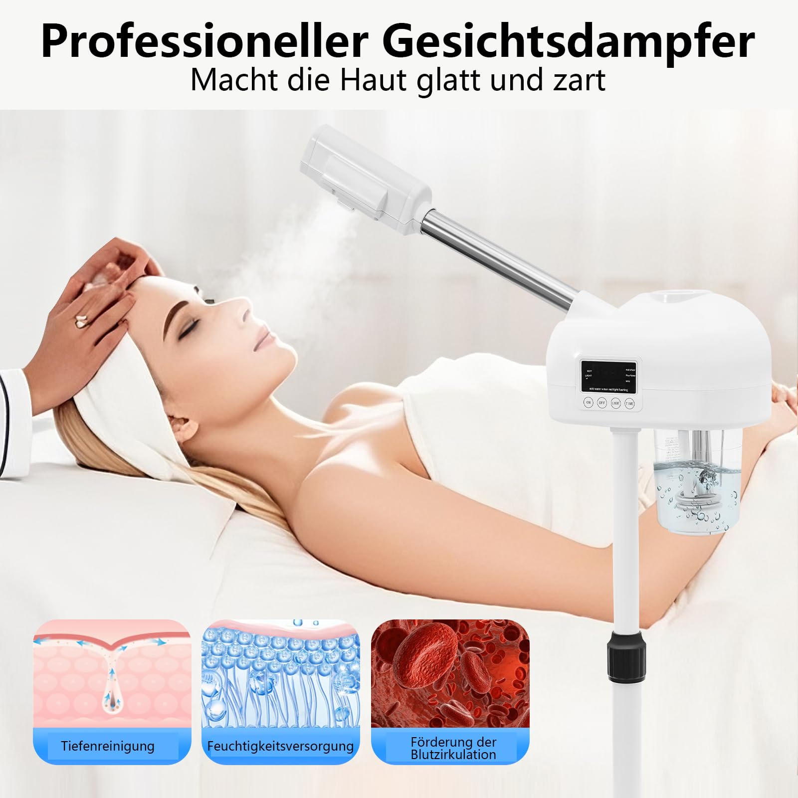 Gesichtsdampfer 360° Ozon Bedampfer Höhenverstellbar Porenreiniger Kosmetik Dampfgerät mit Timer und Heißer Sprühmodus Funktionen Gesichtssauna Verdampfe
