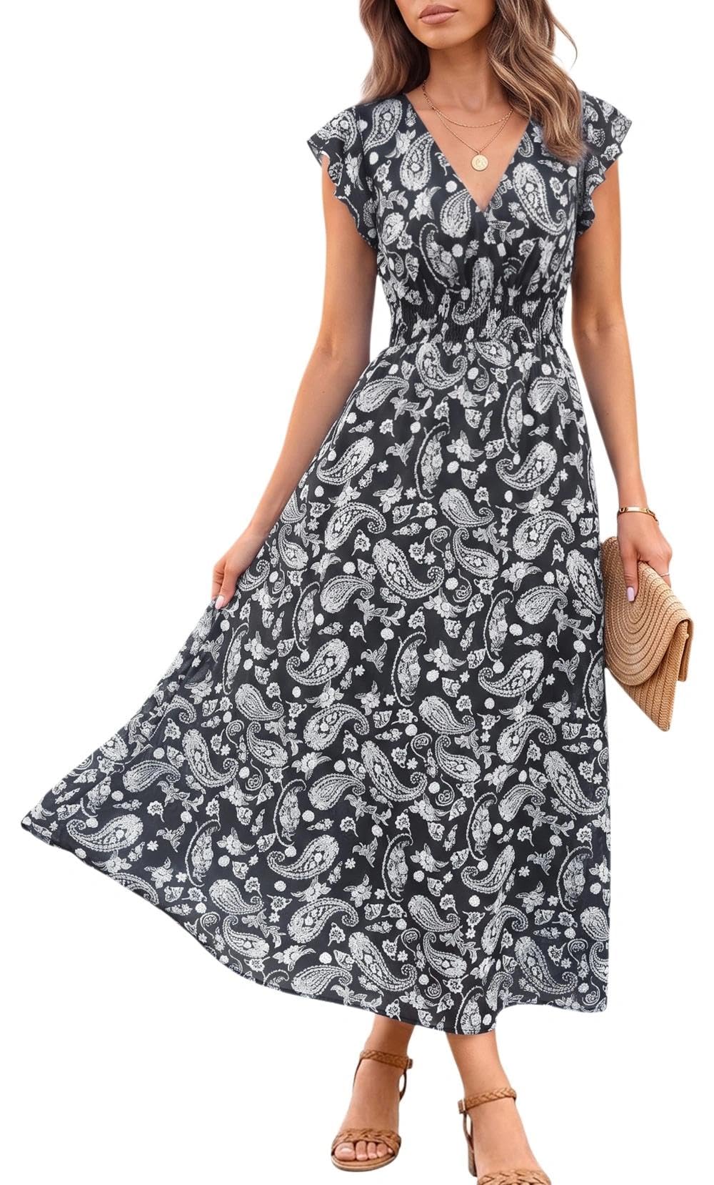 YUTILA Maxi abito estivo da donna, in viscosa, maniche con volant, scollo a V, abito da spiaggia, con motivo floreale, leggero e arioso con vita elasticizzata
