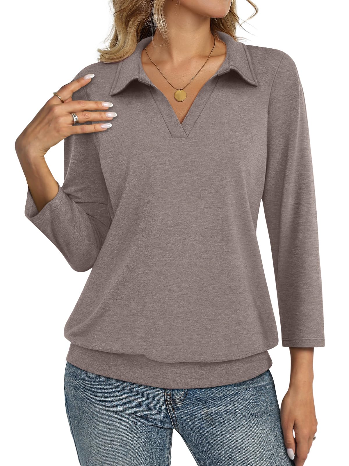 Womens Polo Shirts 3 4 Sleeve Banded Bottom Tops Business Casual Tops Collared V Neck Blouses