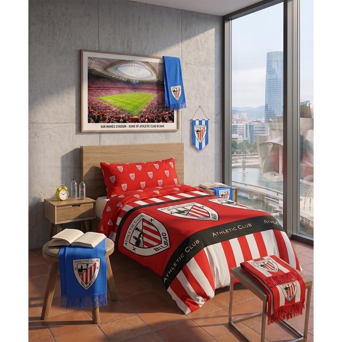Juego de Sábanas Athletic Club de Bilbao – Set de Cama 2 Piezas (Funda Nórdica + Fundas de Almohada) para Cama de 90 cm, Diseño Deportivo, Blanco y Rojo(90cm,Athletic Club)